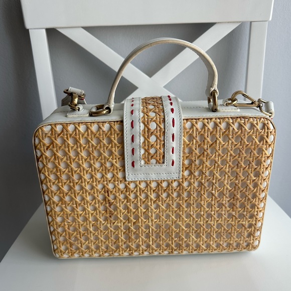 Mehry Mu Fey Large Leather Rattan Straw Box Bag w/ Long Shoulder Crossbody Strap - Picture 7 of 16